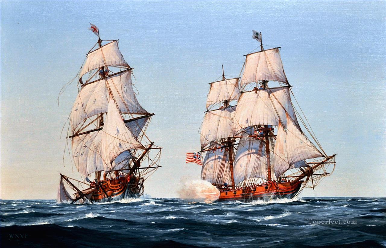 アメリカ海軍バージニア海軍巡洋艦大佐バロンがイギリス海軍営巣艦オックスフォードを駆逐する海戦油絵